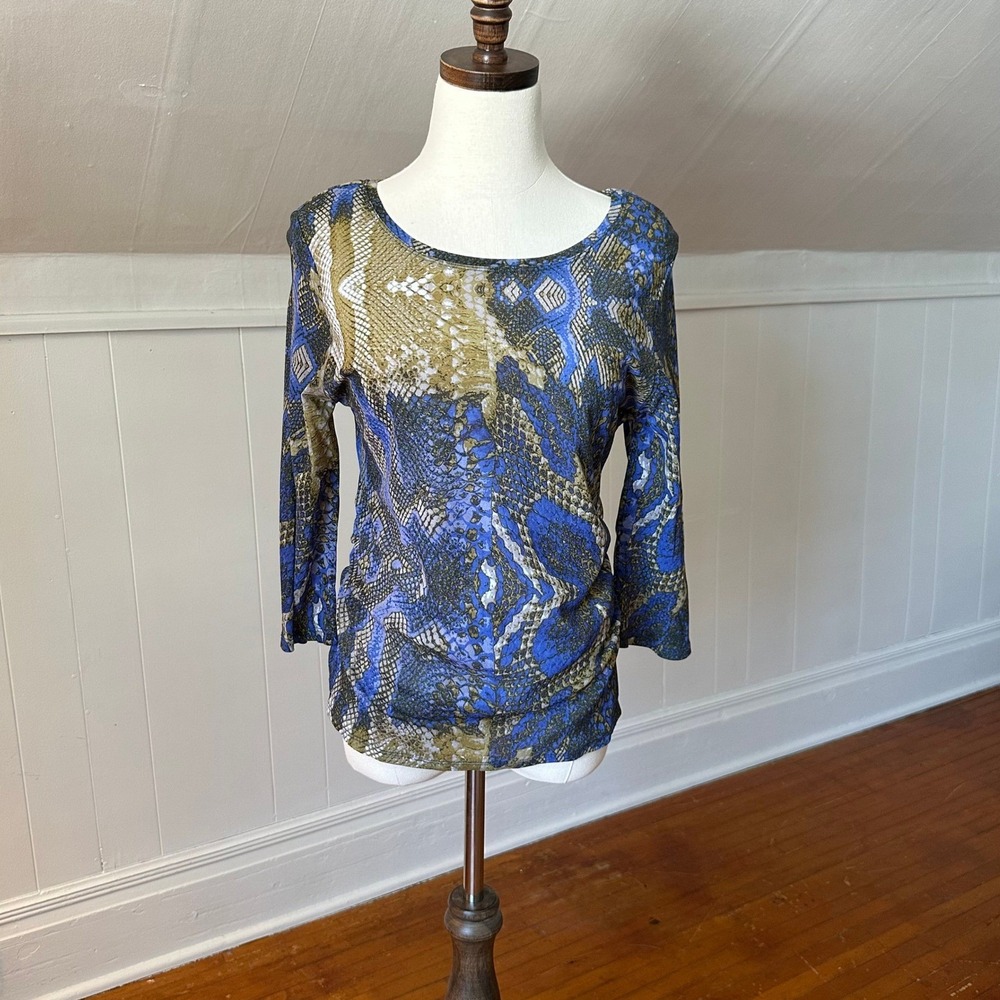 Investments Petites Snake Print Ruched 3/4 Sleeve Top Petite‎ Blue Green PL